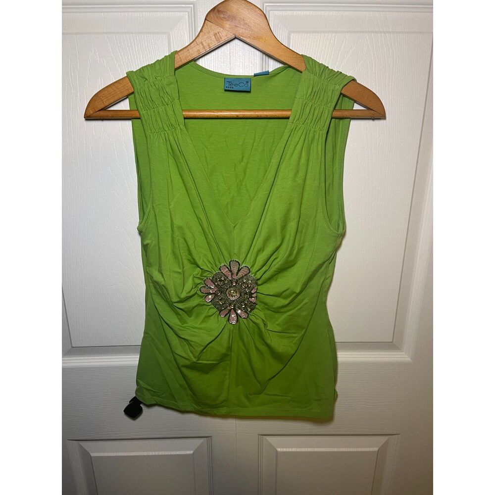 NWT TeeCo Lime Green Sleeveless Embellished Top Womens Large